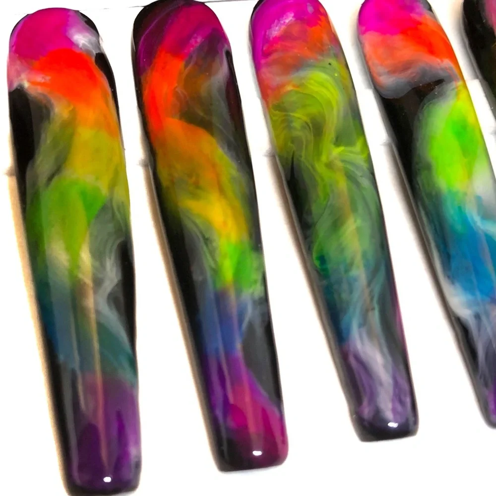 Custom Handmade Set of 22 Press On Nails 2X Long Coffin Shape Black & Ne… - Picture 2 of 9